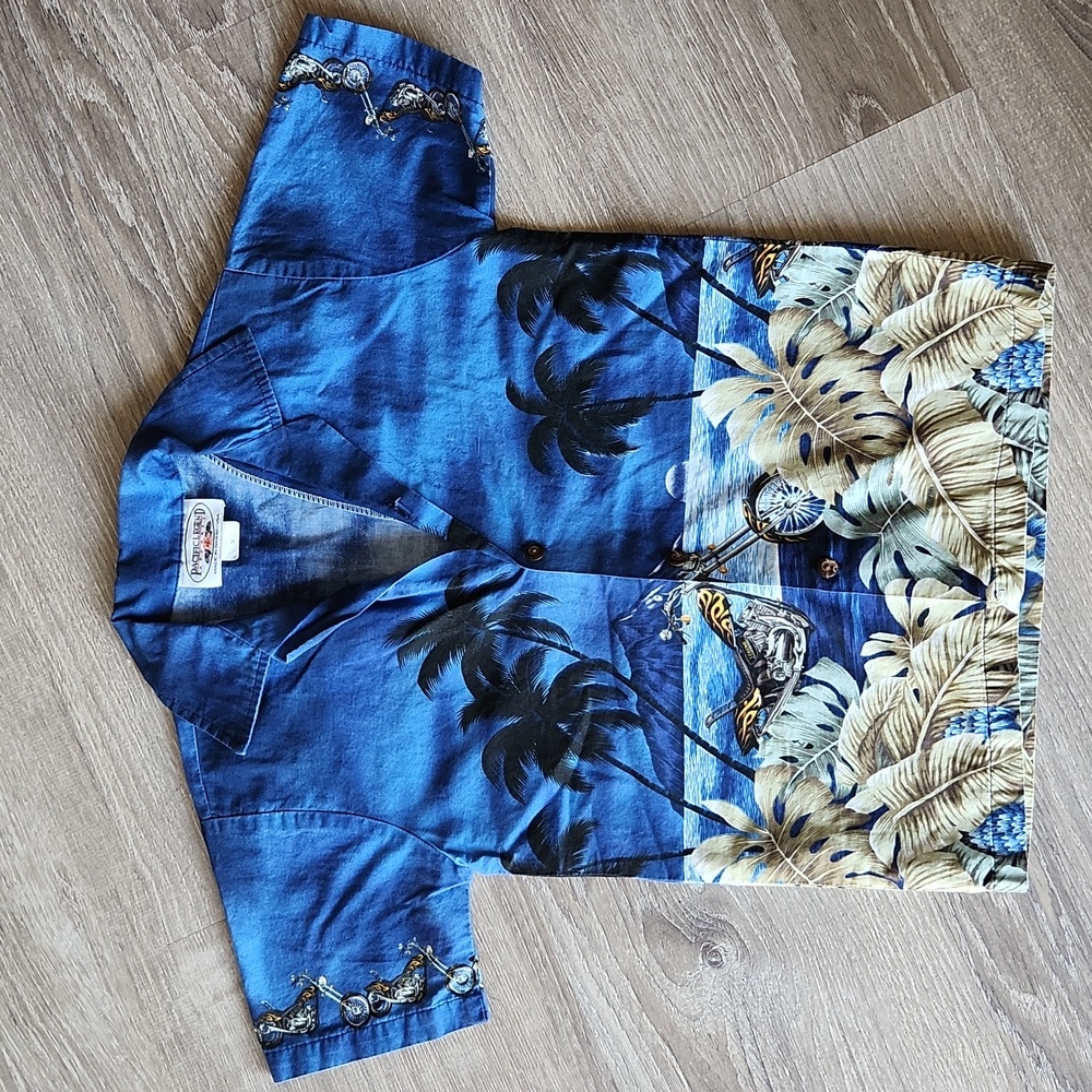 Pacific Legend Blue Motorcycle Hawaiian Shirt Size S Boys